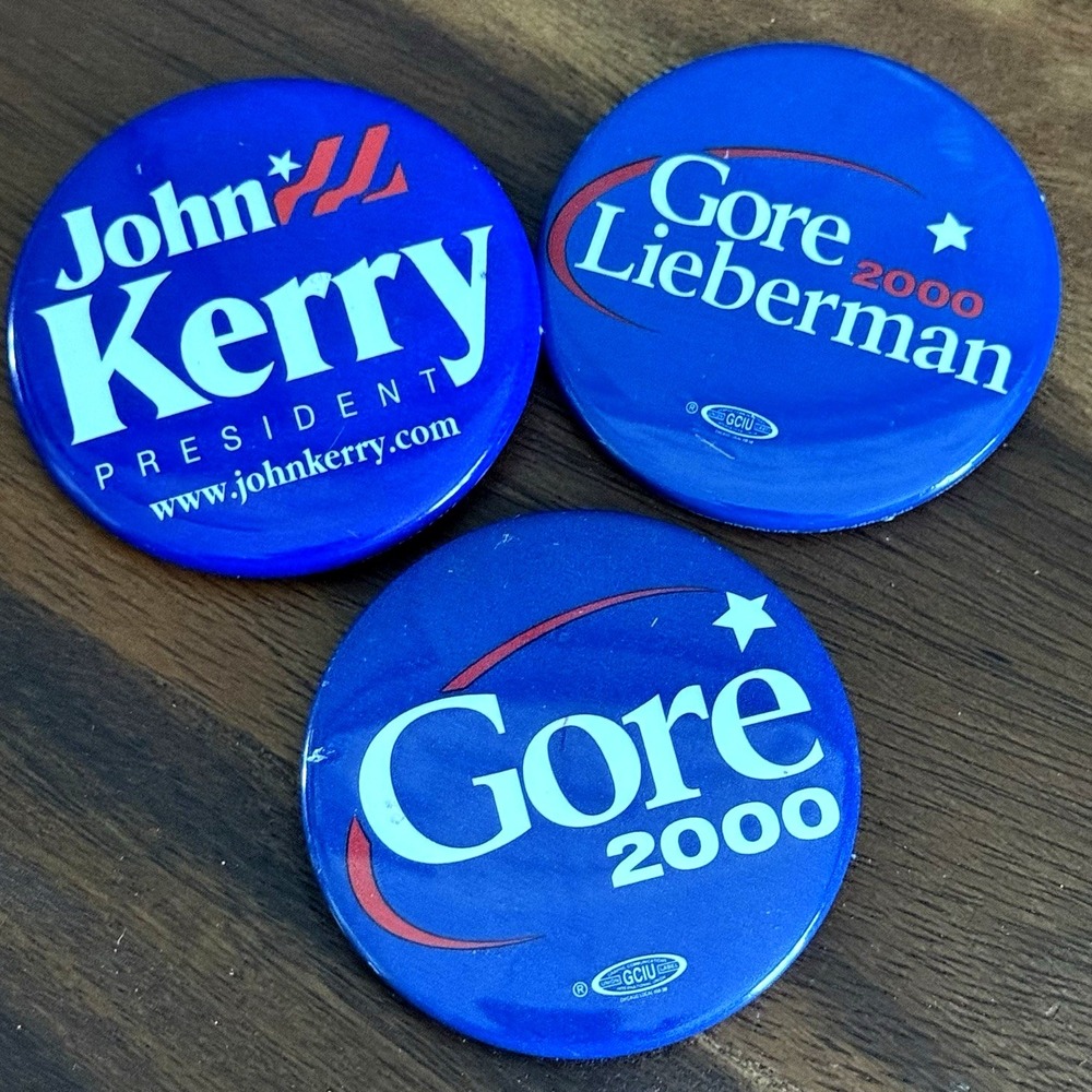 Lot of 3 Democrat Presidential‎ Campaign Buttons 2000 Gore Lieberman 2004 Kerry